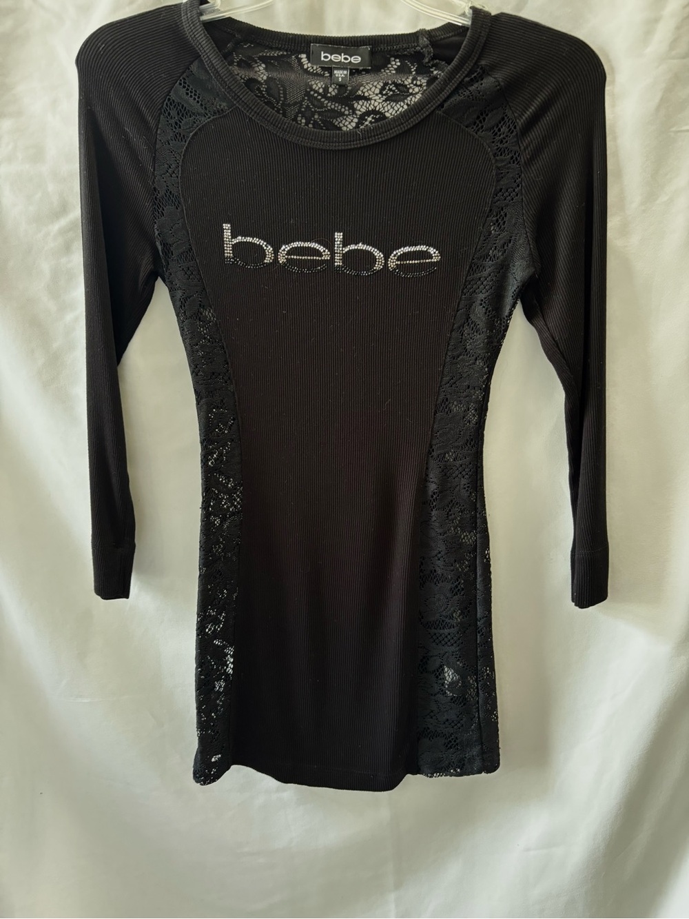 Vintage bebe Rhinestone Logo Black Lace Ribbed Top Size S